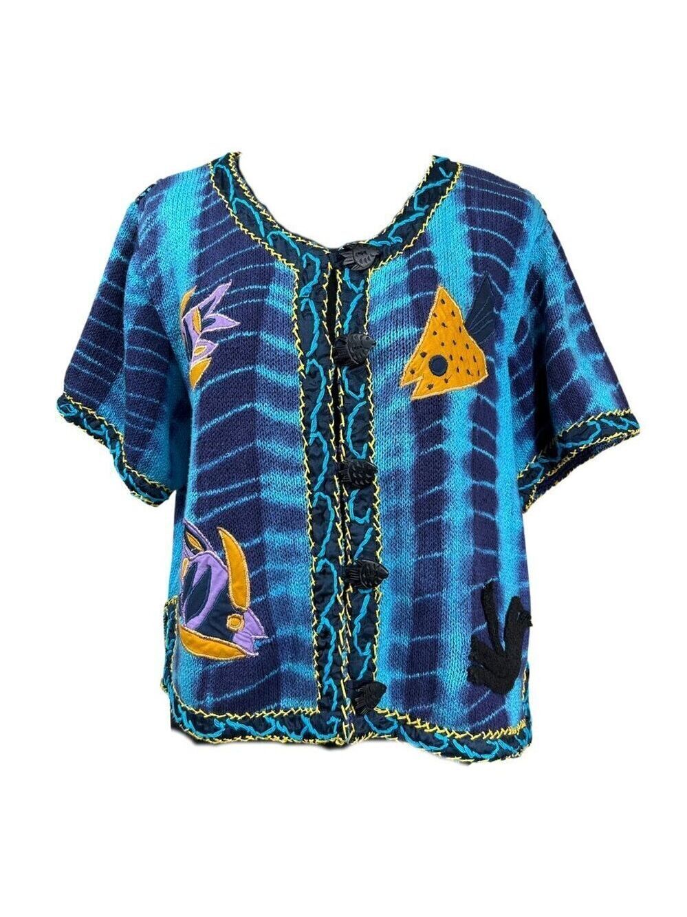 Parsley & Sage Blue Novelty Fish Embroidered Cotton Artsy Teacher Sweater Size M